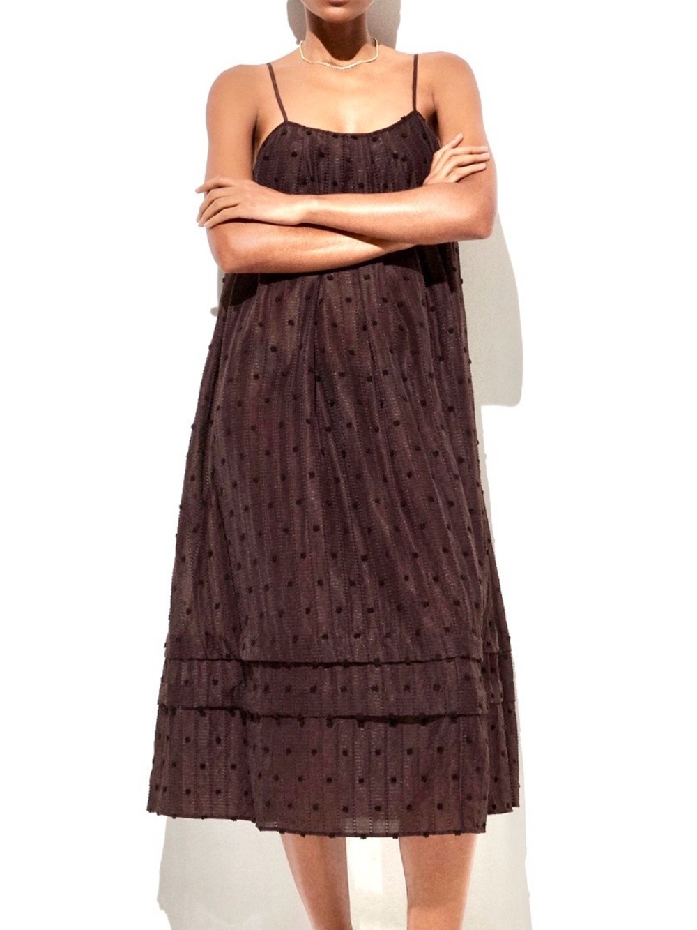 J. Crew Brown Polka Dot Midi Slip Dress with Spaghetti Straps